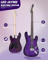 Leo Jaymz 39 Full Size ST Style Electric Guitar Starter Kit with SSH Pickup, 5W Portable Amp, Tuner, Gig Bag, Strap & Accessories (Violet Ocean)